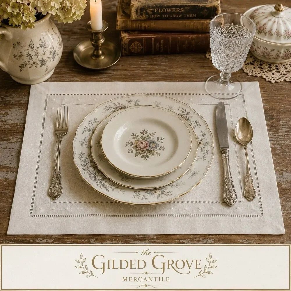 NEW Set of 6 Vintage Ivory Linen Hemstitched Embroidered Dot Placemats 12x16